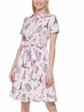 KARL LAGERFELD Pink Paris Print Fit & Flare Button Front Midi Dress Sz 10